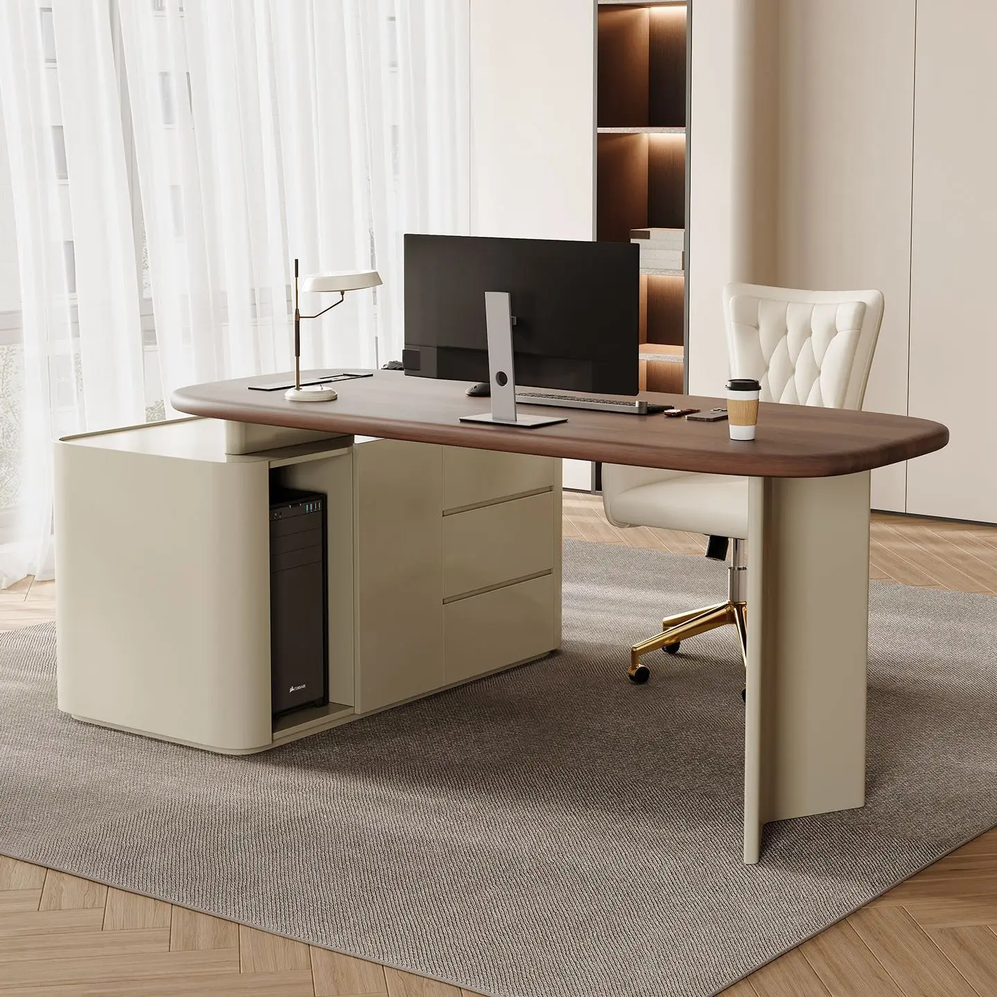 LH cream wind book table and chair combination medieval walnut solid wood with cabinet desk light luxury