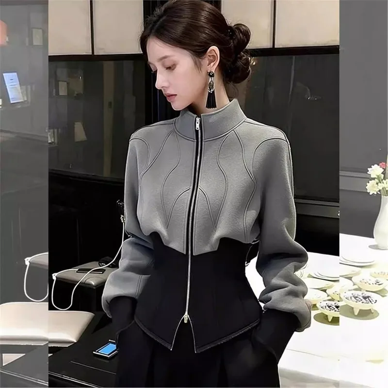 

Уникальный шикарный серый контрастный свитер из флиса 2026, осенне-зимний темпераментный модный топ на молнии знаменитостей высокой моды