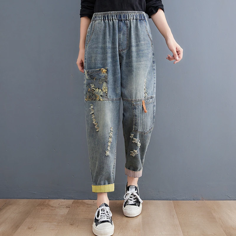 Dżinsy Waed Denim z wysokim stanem, luźne, damskie, wielokolorowe, wiosenno-jesienne, nowe, w stylu retro, spodnie typu kales, spodnie harlan, ciemny kolor.