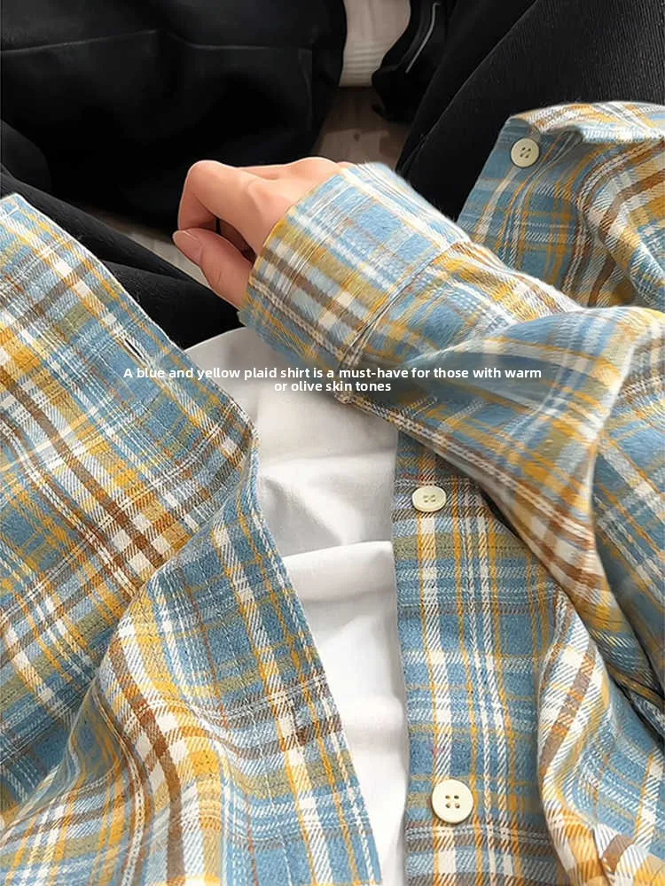 

Yellow Blue Plaid Design Men's irt Sli Retro American Sun Protection Spring New Outerwear Loose Fit Long Sve irt