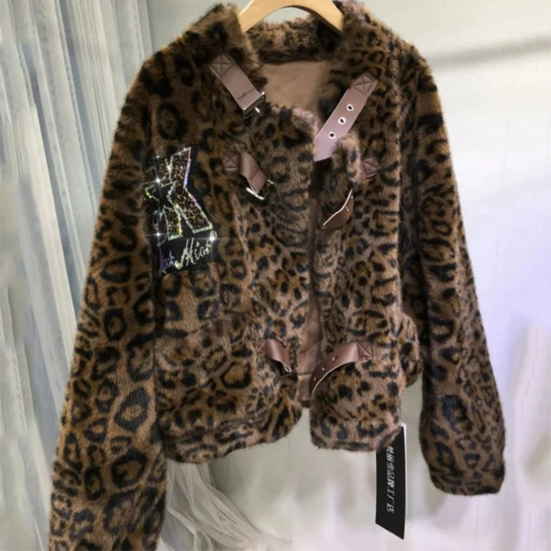 Leopardo impresso jaquetas femininas moda versátil diamantes gola de pele do falso cardigan casaco inverno nova pelúcia quente jaqueta curta