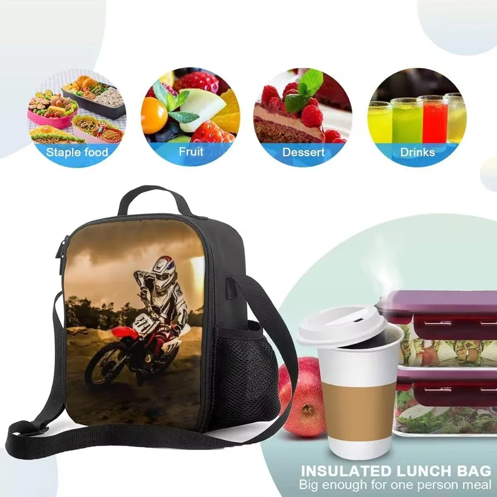 Dirt-Bike Motocross Insulated Lunch Bag Lightweight Motorcycle Reusable Thermal Lunch Bags Motorcyclist Cooler Tote for Boys Men