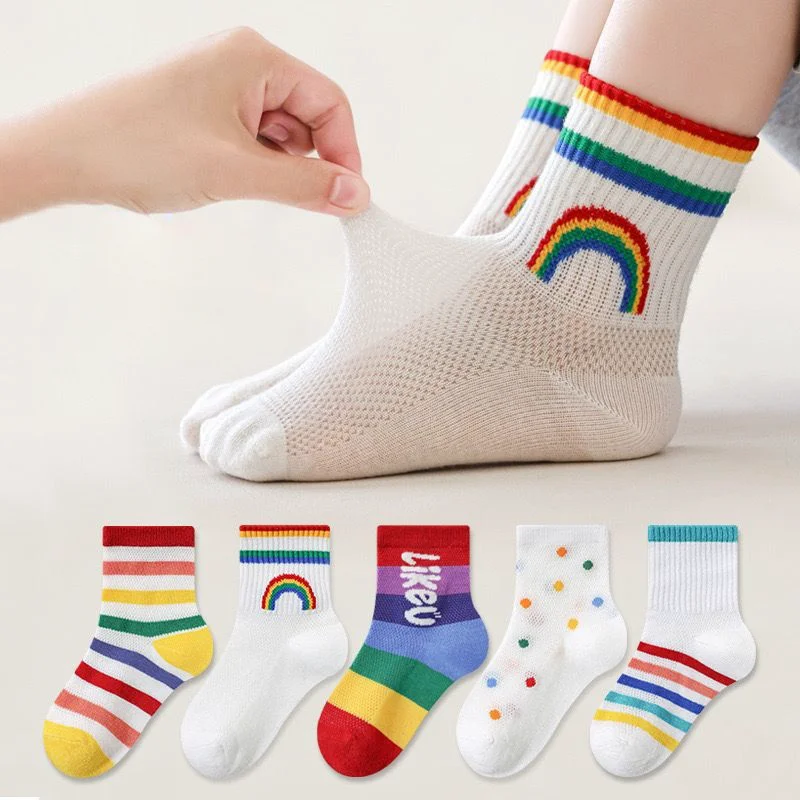5 Pairs Children's Ankle Socks, Rainbow Design, Trendy, Cute, Lightweight for Summer, Breathable, Comfortable