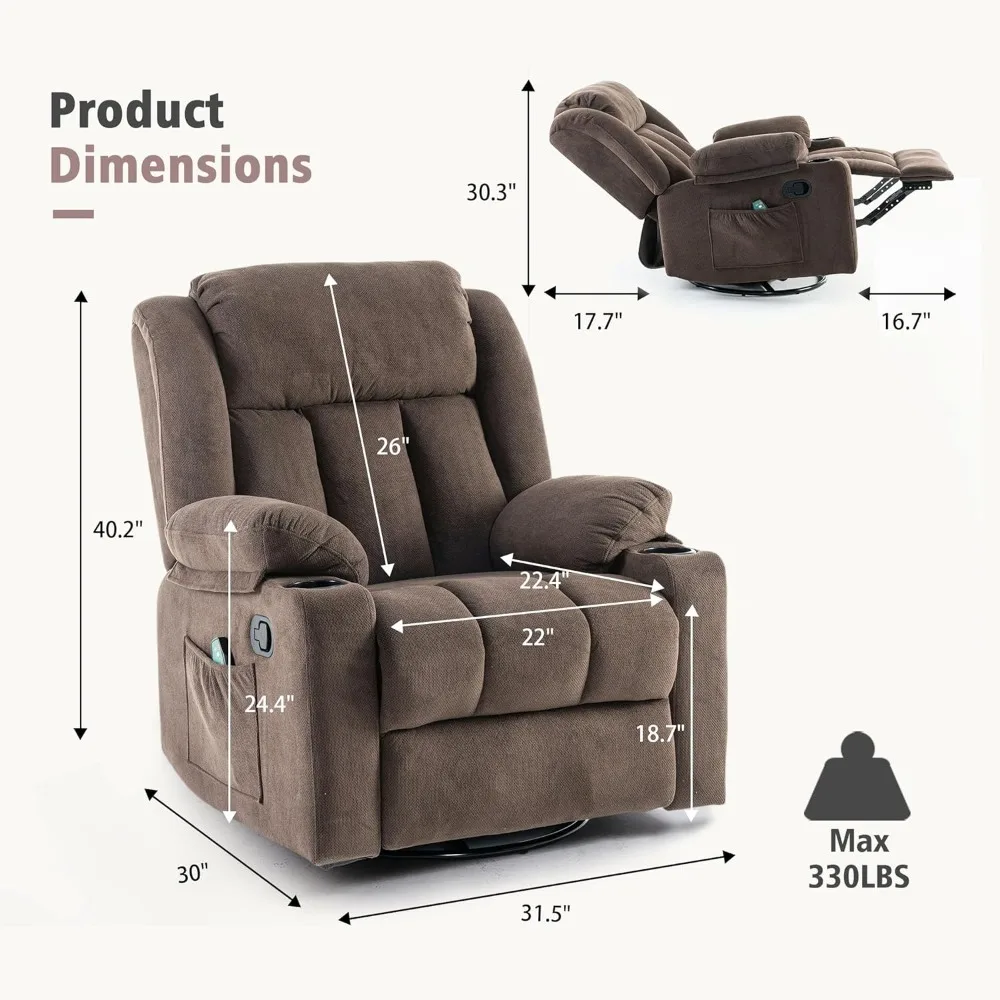 Rocker Swivel Recliner Chair for Adults, Overstuffed Large Manual Recliner Glider with Massage and Heat, Comfy Soft Reclining