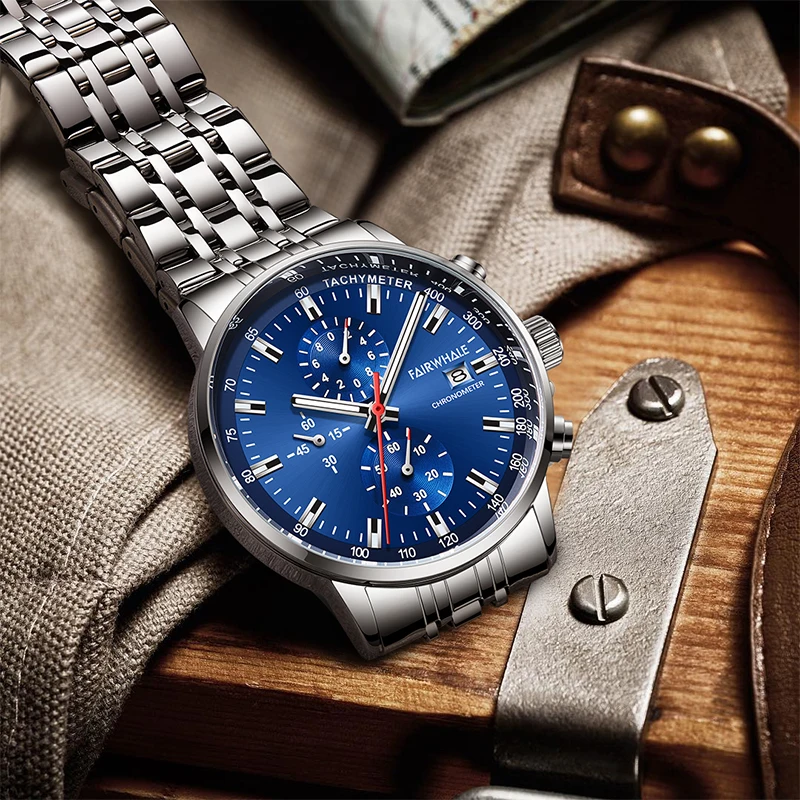 Luxury Men's Army Green Dial Watch High-Quality Steel Waterproof Chronograph Quartz Wristwatch