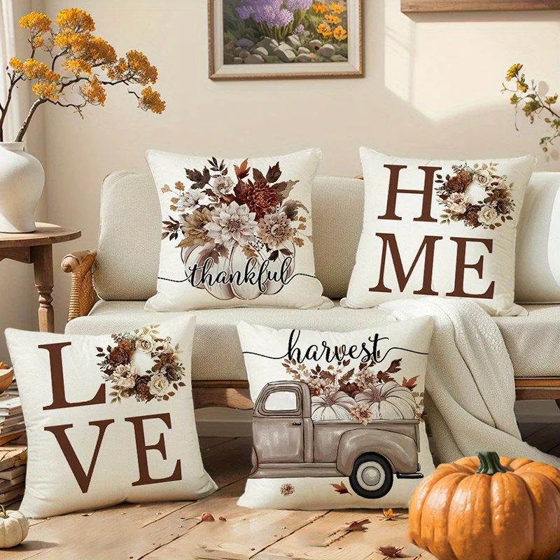 4 Piece Autumn Fall Harvest Throw Pillow Covers Set Thanksgiving Thankful Printed Floral Seasonal Home Decor Cushions Polyester