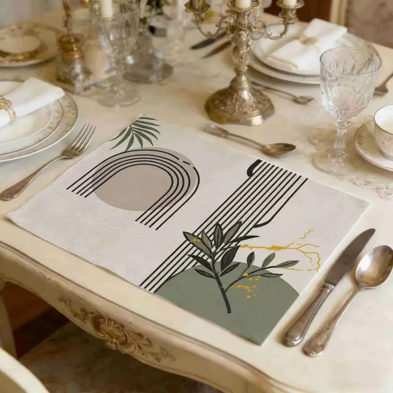Sage Green Abstract Arch Geometric Placemats Leaf Boho Minimal Curved Line Pattern Table Mats Fine Dining Farmhouse Table Decor