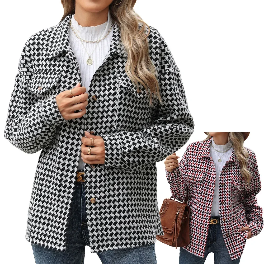

Pop New 2025 Autumn Winter Women's Houndstooth Jacket Female Loose Long Sleeved Woolen Coat With Pocket Lady's Coats Casual Jack