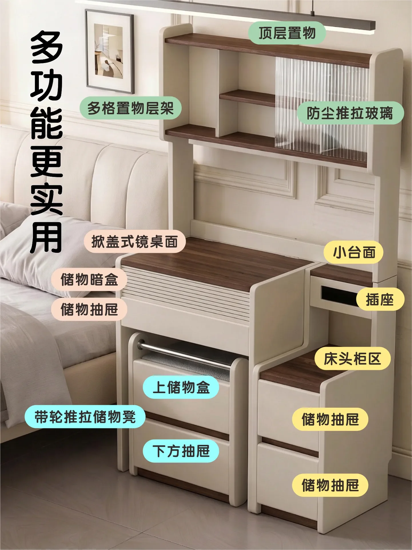 For Vanity Dresser with Flip Mirror & Power Strip, Concealed Makeup Table Nightstand Combo, Modern Bedroom Storage