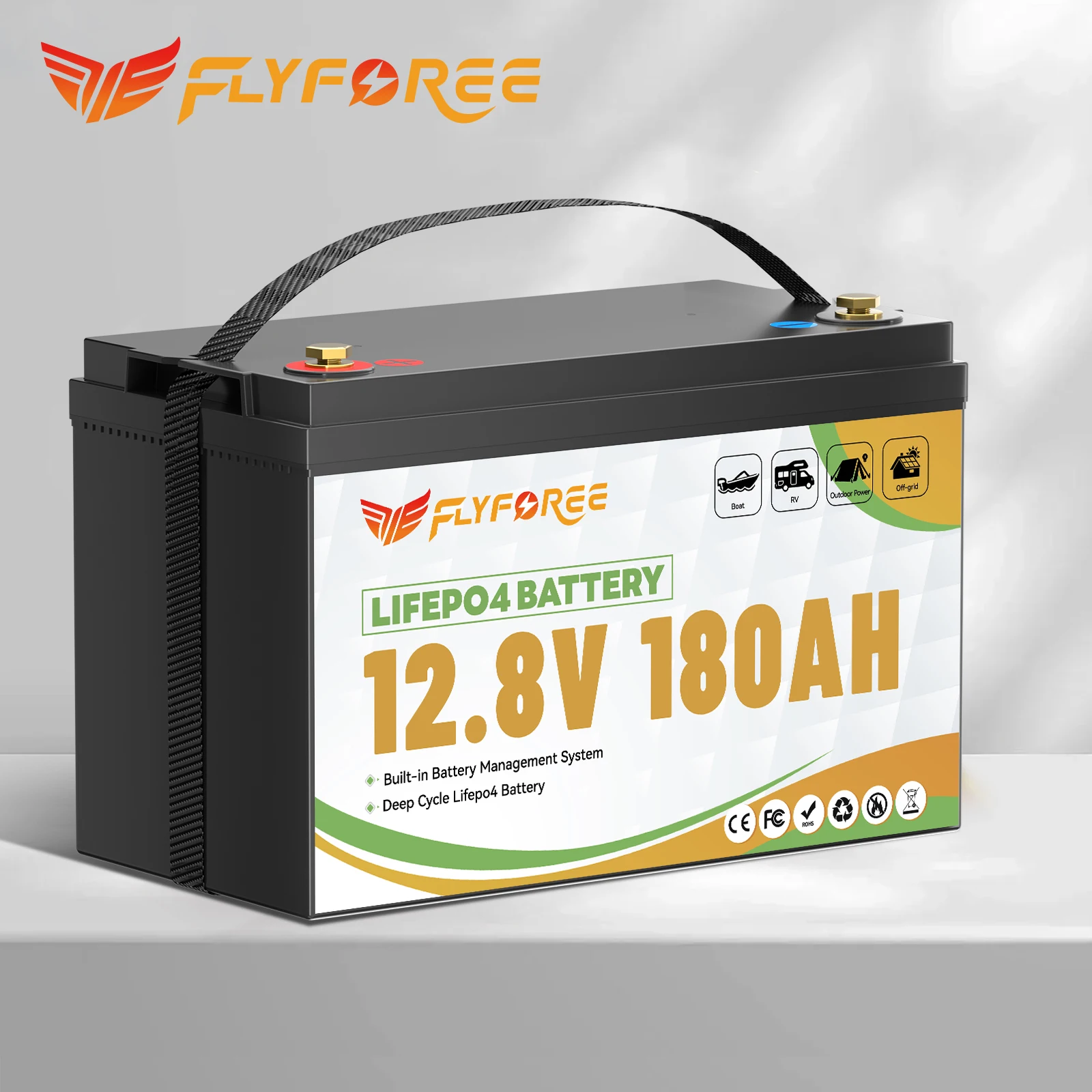 FLLYROWER 12V 180AH LiFePO4 Batteriepack 8000+ Zyklen BMS 100A 2304Wh für Touring-Camper, Offroad, Trolling-Motor, Solar, Wind, Wohnmobil, Lithium-Batterie