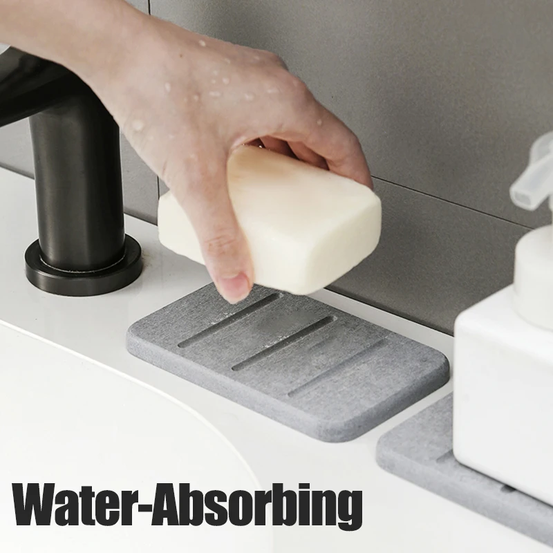 Diatomite Mud Soap Dish Quick Dry Bathroom Countertop Absorbent Pad Rectangular Toiletries Holder Supplies
