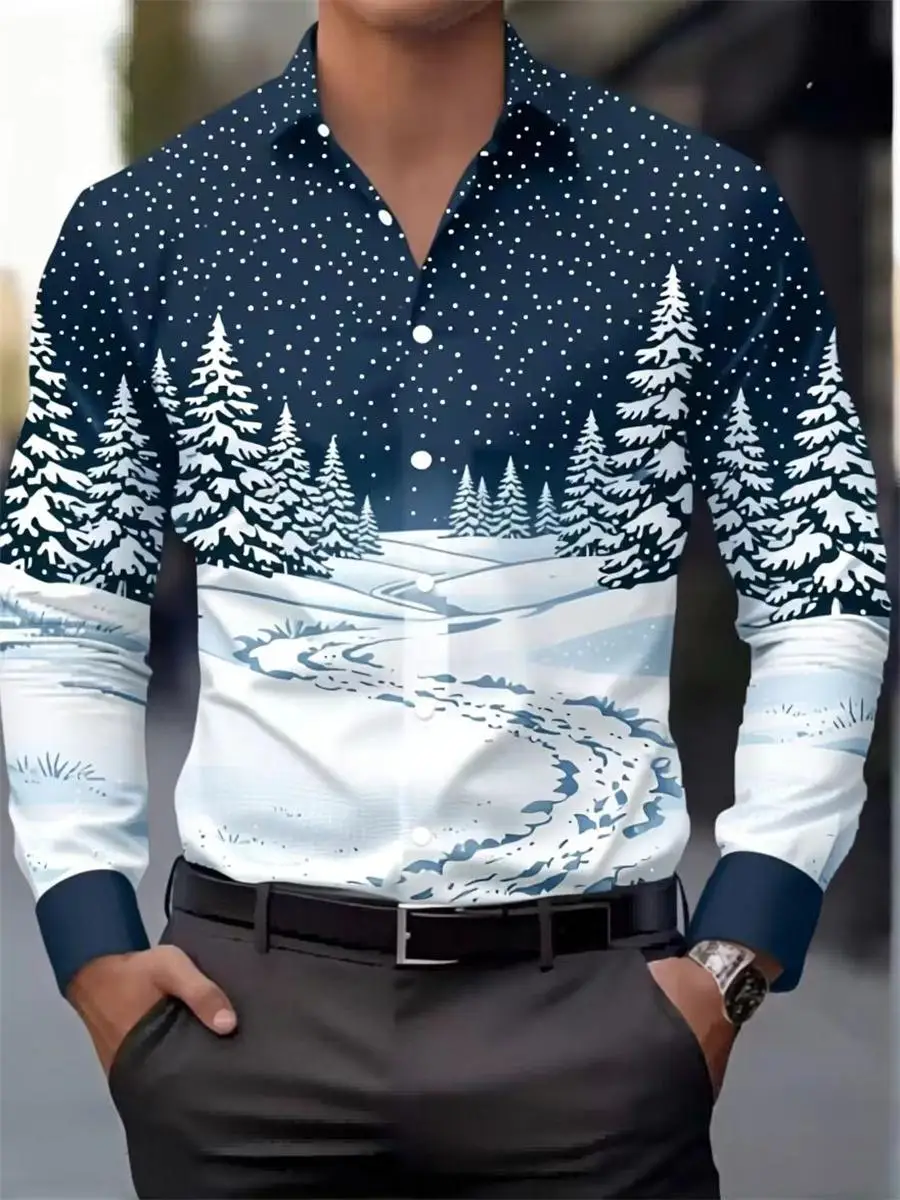 Men Long Sleeve Shirt Winter Snow Pine Tree Landscape Print Turn Down Collar Casual Button Holiday Tops Men's Clothing