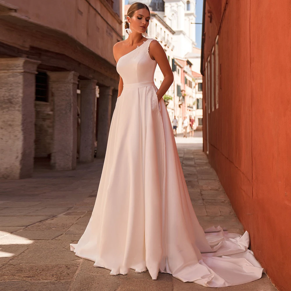 Charming Satin A-Line Women Wedding Dresses Modern Single Shoulder Sleeveless Bride Gowns Elegant Floor-Length Vestido De Novia