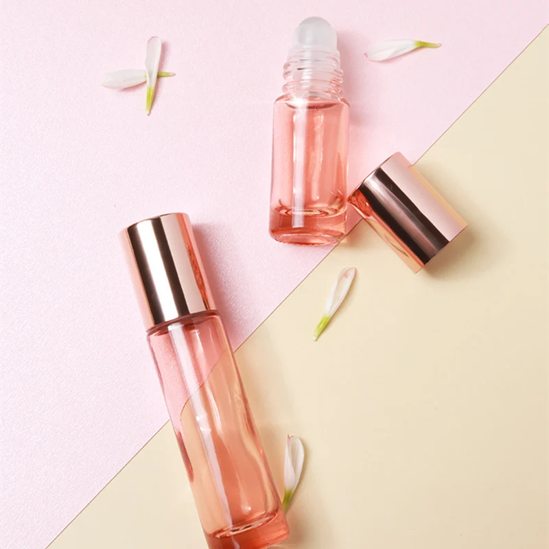 

10pcs/lot 5ml 10ml Pink Essential Oil Roller Bottles Glass Roll On Bottle Rose Gold Cap Travel Portable Refillable Bottle