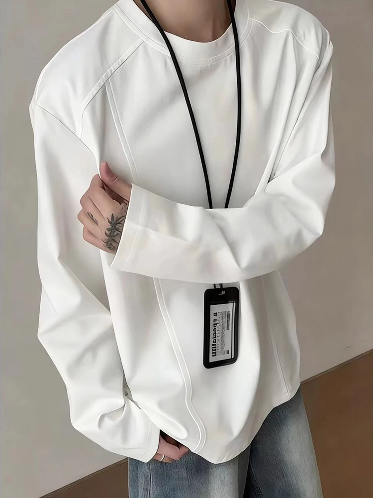 

Мужская модная футболка с длинным рукавом в американском стиле, с небольшим воротником, белая, повседневная, удобная, для ношения под одеждой