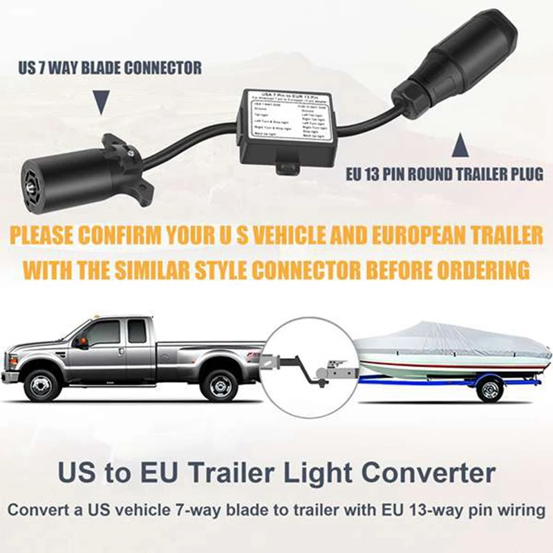 USA To European Trailer Light Converter 7 Way Flat Socket (US Vehicle) To 13-Pin Round Plug (EU Trailer)