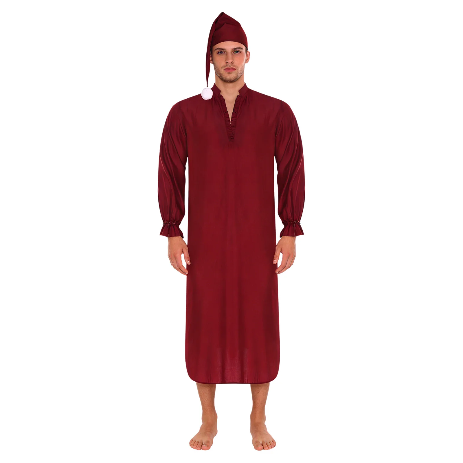 Mens Vintage Nightgowns with Sleeping Hats Ruffled Trim V Neck Long Sleeve Loose Nightshirts Solid Color Victorian Pajamas Robes