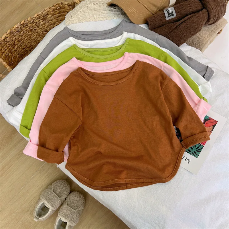 Children Solid Color Long Sleeve Base Tee Casual T-Shirt Cotton Autumn New Boy Girl Baby Base Versatile Simple Bottoming Shirts