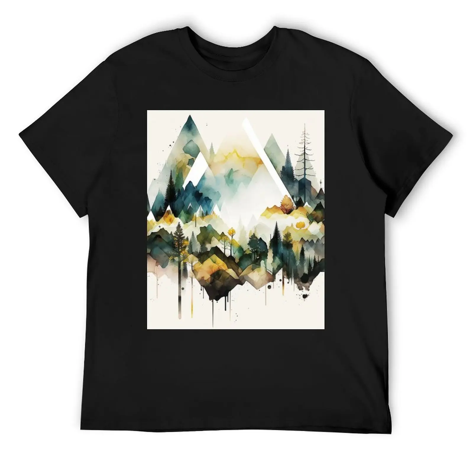 mountain geometric shapes watercolor T-Shirt blue archive street wear men clothing