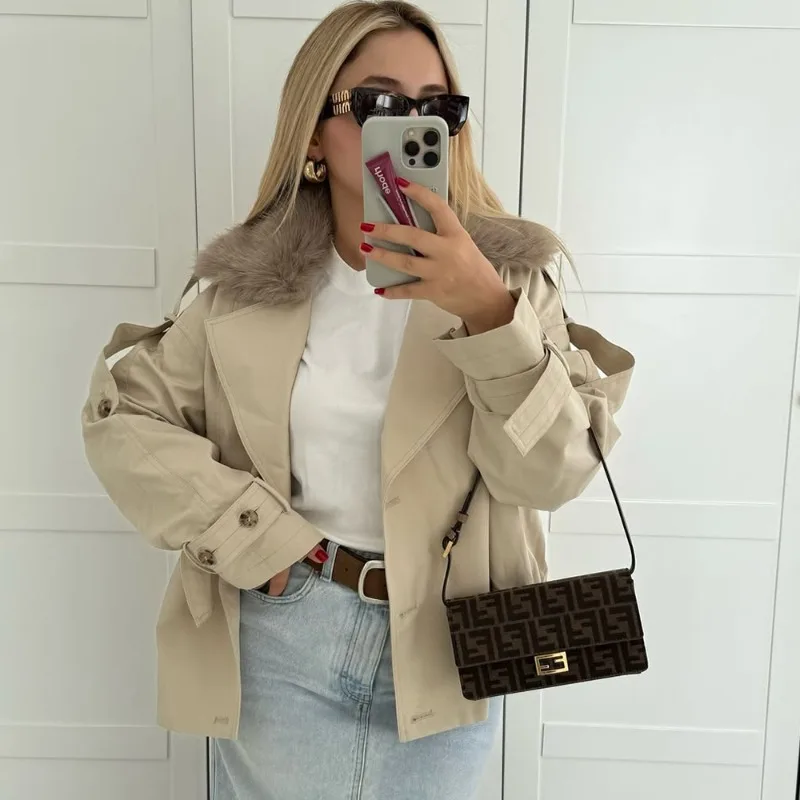 

Talenza Autumn Winter Women's Coat New Plush Patchwork Solid Loose Trench Coat Jacket Vintage Fashion Streetwear Female Outwear