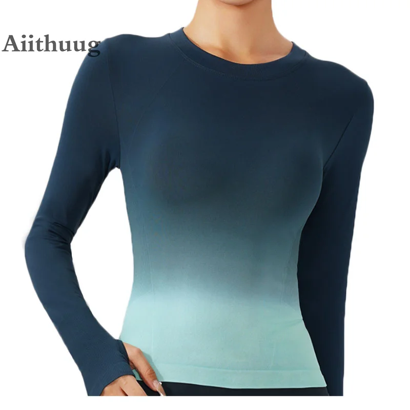 Aiithuug Gradient Ramp Yoga Long Sleeve Thumbhole Yoga Shirts Slim Fit Gradiented Color Gym Tops Sports Compress Workout Tops