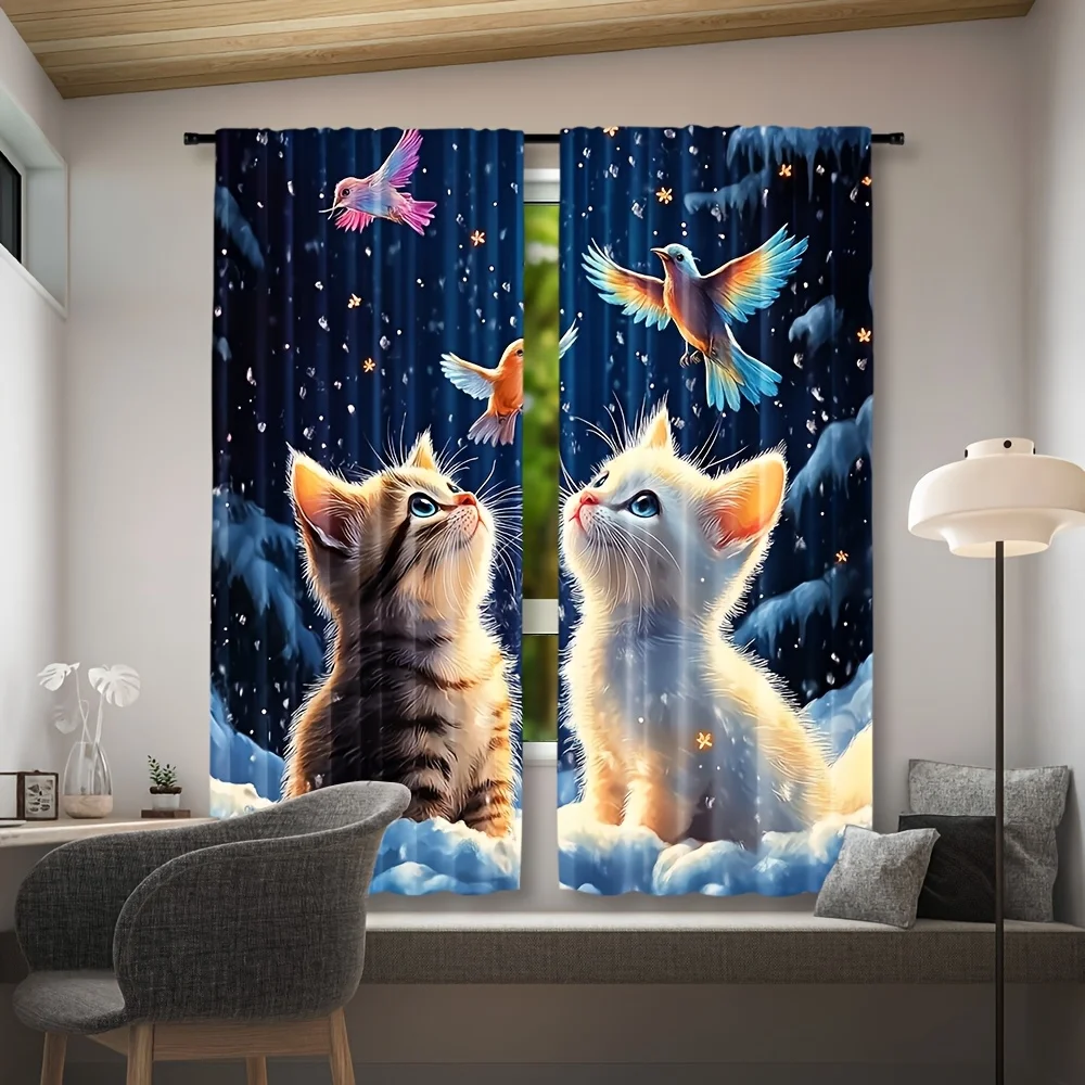 Whimsical Kitten Snow Scene Curtain Blue Window Curtain Decoration Cute Cartoon Aesthetic Nursery Decor For Kids Room