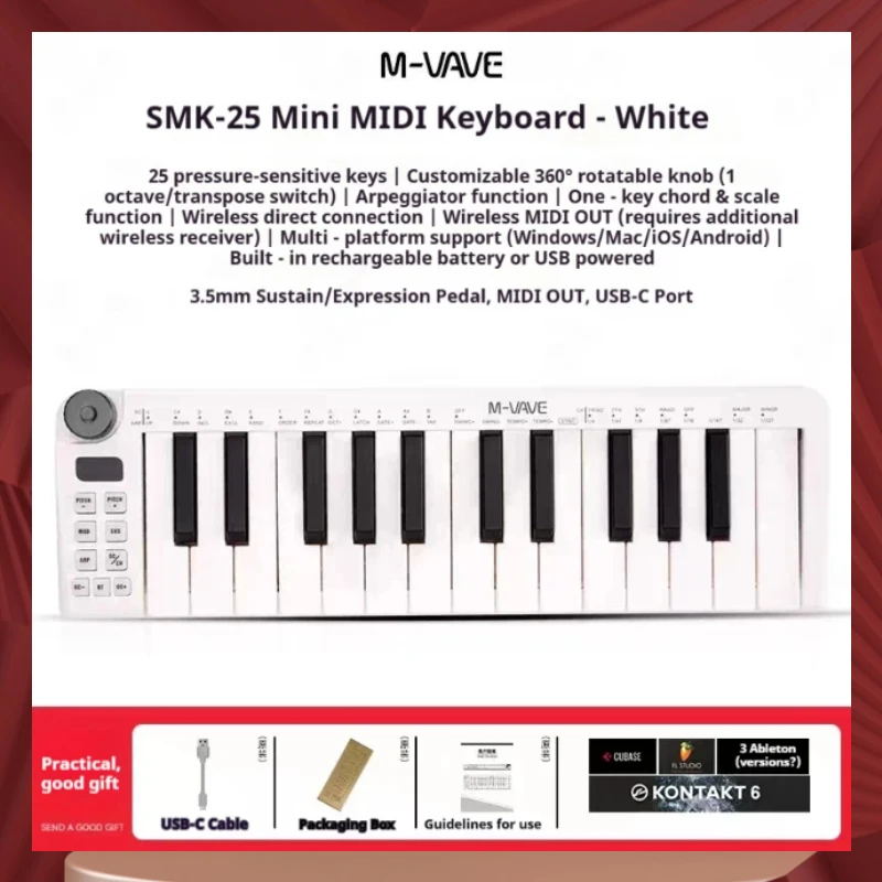 M-Vave Smk-25mini Midi Keyboard Rechargeable 25-Key Midi Control Keyboard Instrument Mini Portable Usb Keyboard Midi Controller