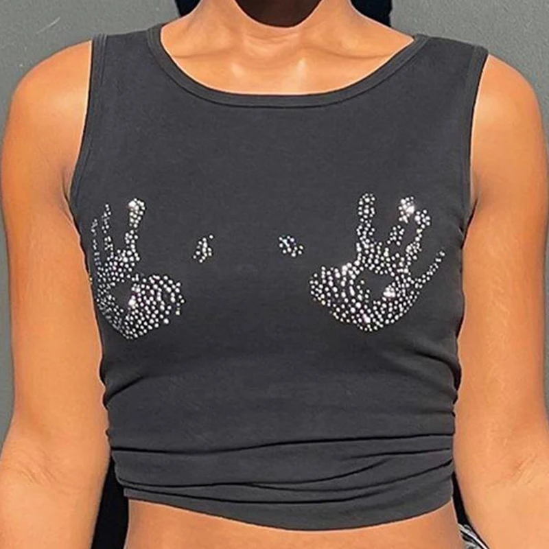 Y2K Rhinestone Hand Print Crop Top Women Summer Sleeveless Baby Tee Vintage Grunge Slim T-shirt 90s Aesthetic Gothic Tights Vest