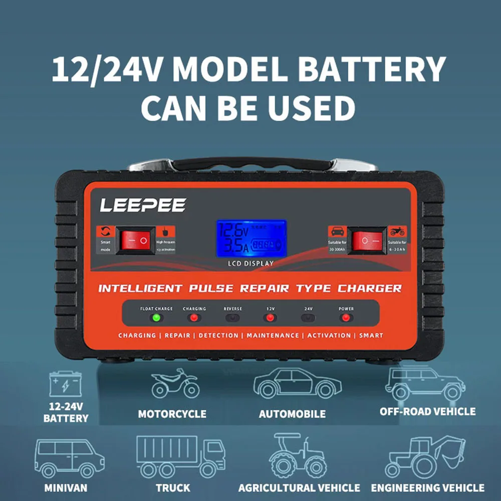 

For Car SUV Motorcycle Truck 12V 24V 300Ah Digital LCD Display Intelligent Pulse Repair Car Smart Battery Charger EU/US Plug