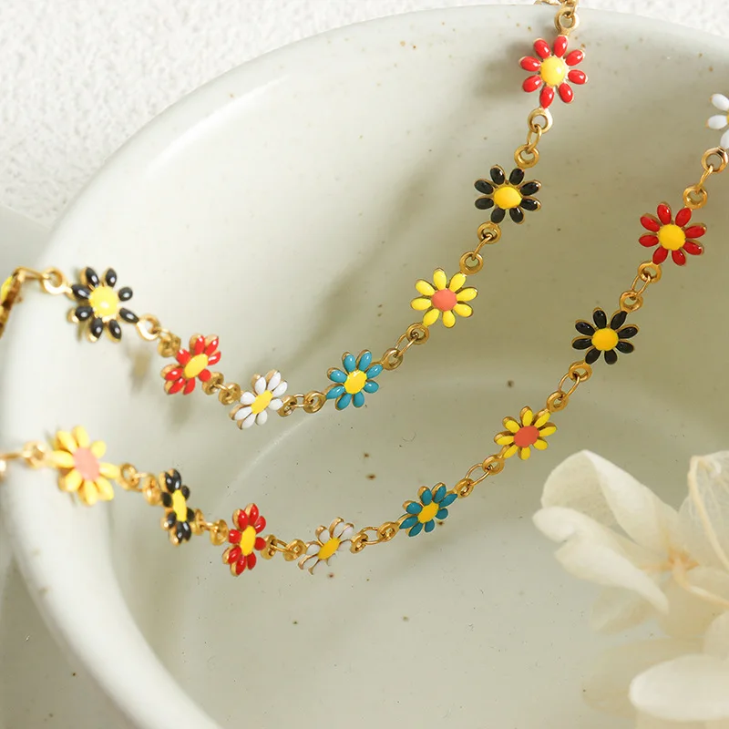 New Stainless Steel Necklace Bracelet For Women Bohemia Colorful Daisy Flower Enamel Women Jewelry Sets Party Gifts