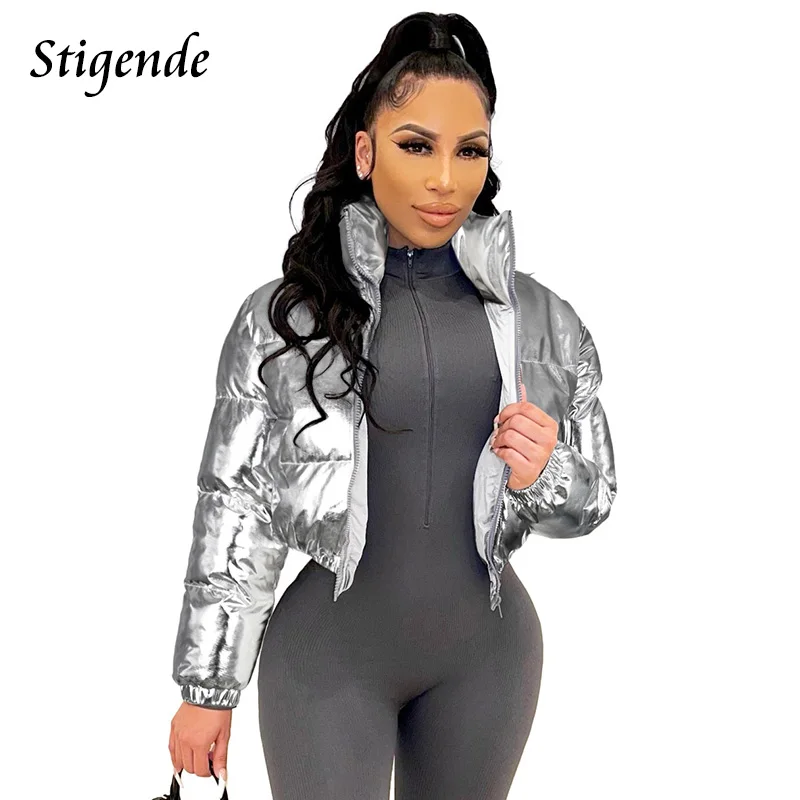 Stigende Shiny Cotton Padded Golden Coat Women Winter Warm Zipper Crop Top Jacket Patchwork Puffer Parka Outwear Veste Femme