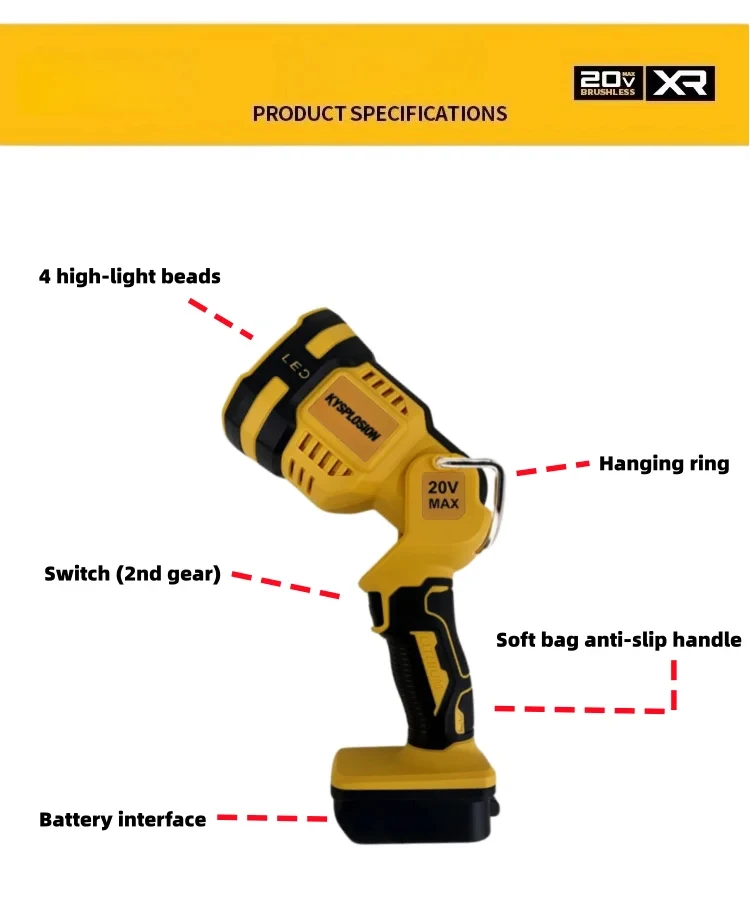 

20V LED Work Light / Flashlight For DeWalt - Handheld Spotlight Far Distance 1500 Lumens Cordless Spotlights Power tools camping