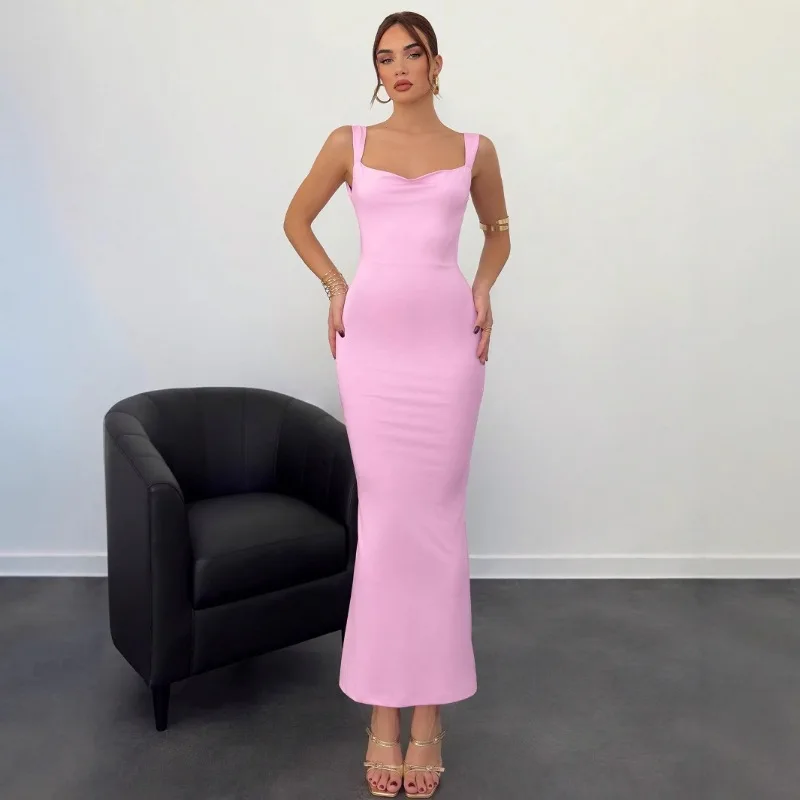 セクシーなサテンリボンバックレスマキシドレス女性夏ノースリーブスリムボディコンエレガントなイブニングパーティーカクテルロングドレスローブ