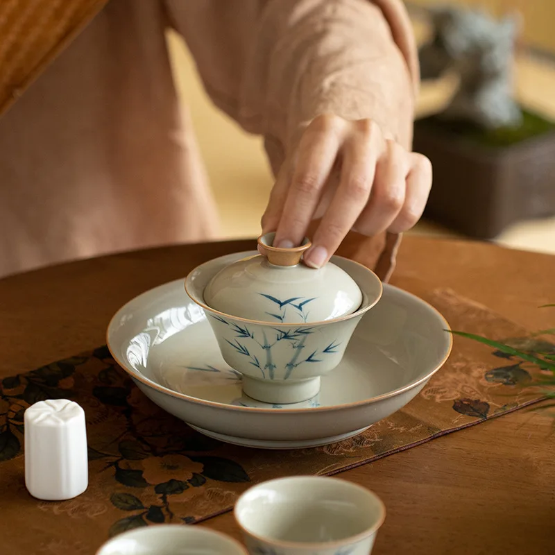 Ice Table Under Glaze Hand Painted Cover Bowl Ceramic Separate Tea Personal Water Cup Two Cups Cover Cup Green Bamboo