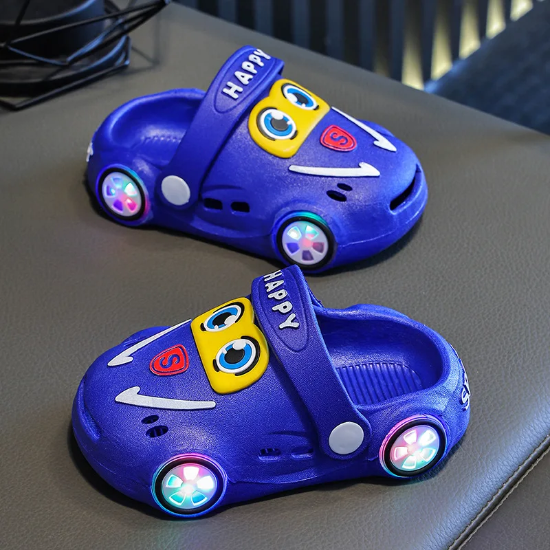 Children's Slippers 2026 Summer New Boys' Car Shaped Wheels Will Light Up Anti Slip Soft Bottom Baby Beach Slippers