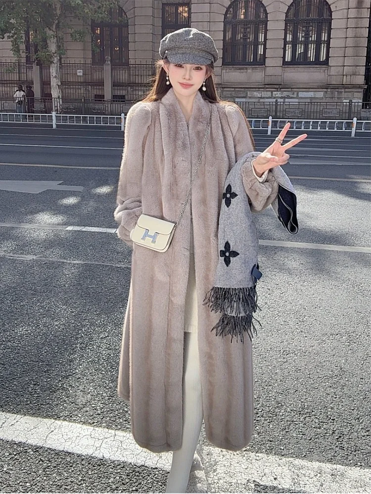 

Winter New Sle Thi Warm Long Coat Classical Luxury Mink Fur Sve Ele Loose Fit Women's Outerwear V-Ne Polyester F...