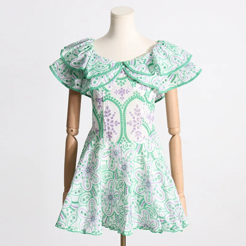 Woman's Dress Summer High-End Off-Shoulder Ruffle Embroidered Waist Slimming Vacation Style Dress Short Skirt Elegant Beachdress
