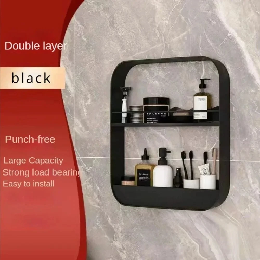 2 Layers Bathroom Organizer Punch-Free Wall Mounted Shelves Storage Rack Cosmetic Seasoning Bottles Storage Trendy Kitchen Shelf