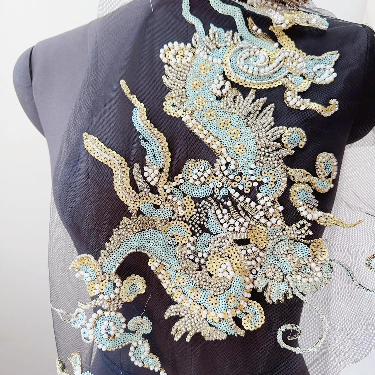 4PCS=1Set Chinese Style Embroidery, Black Background Mesh, Blue Golden Dragon Pearl Bead Lace Applique RS24498