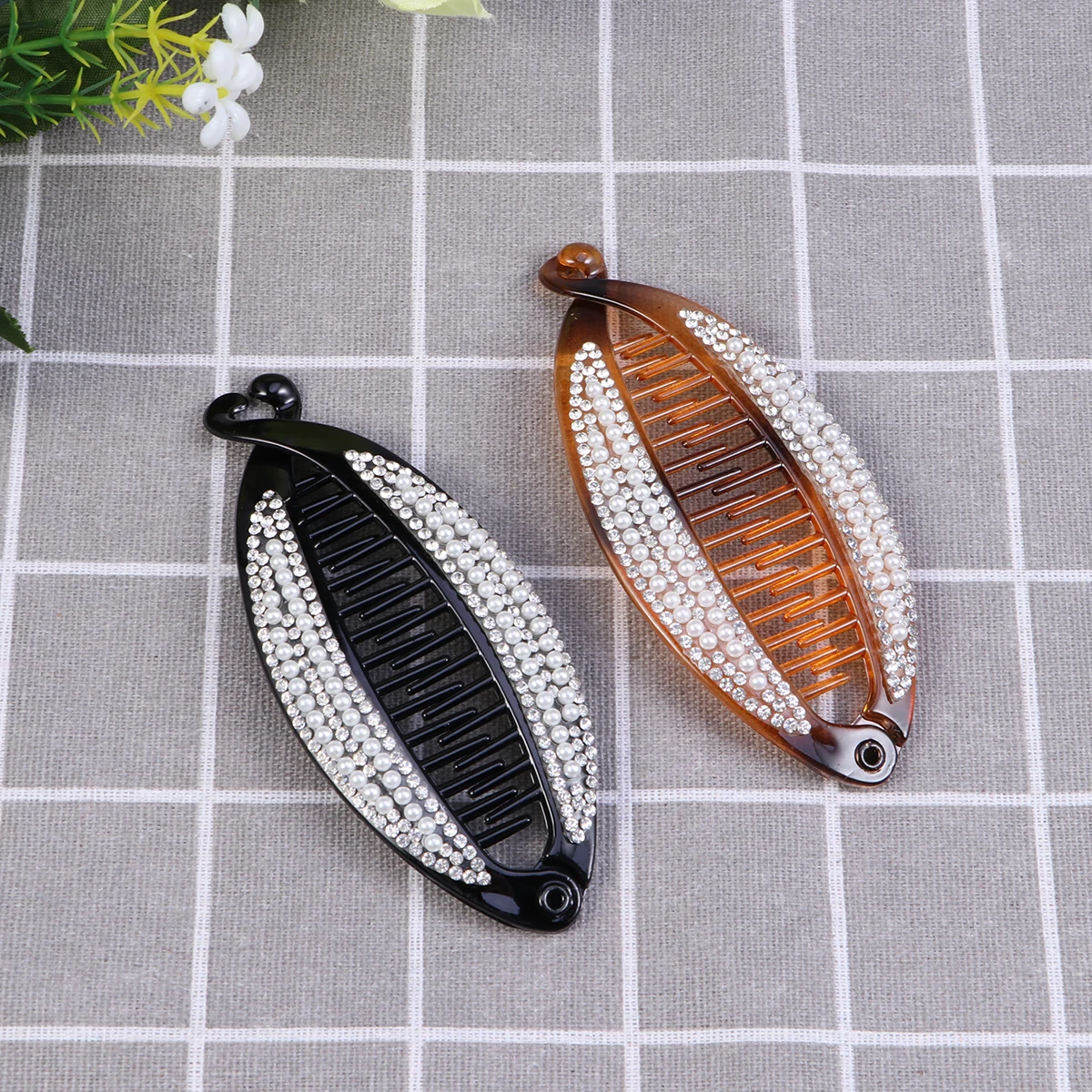 

2pcs Banana Hair Clip Pearl Long Fine Toothed Crystal Ponytail Holder Claw Women Updo Hairstyling Tool For Hair Care