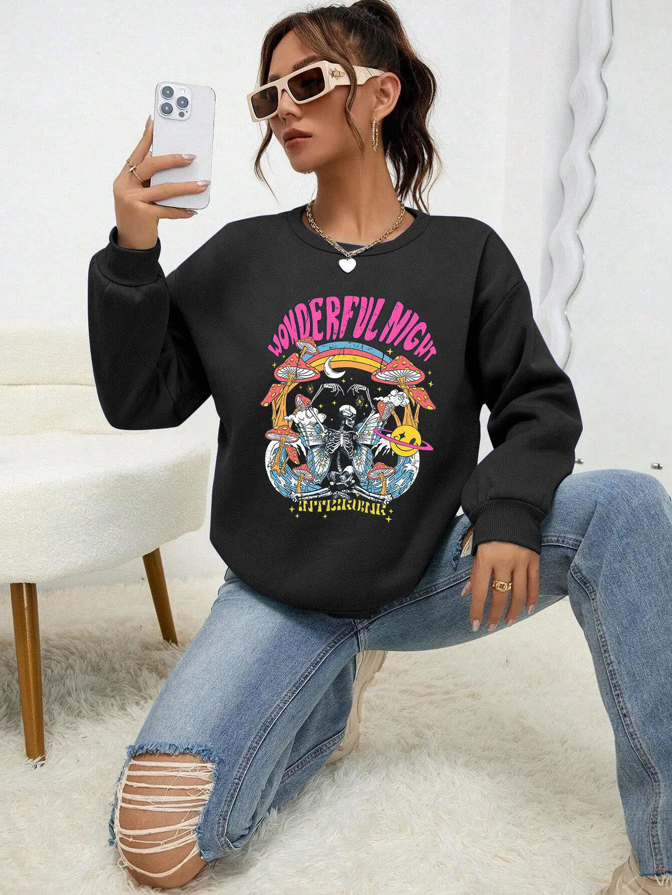 Wonderful Night Skeleton Butterfly Wave Printing Hooded For Female Creative Crewneck Sweatshirt Hip Hop Comfortable Streetwear