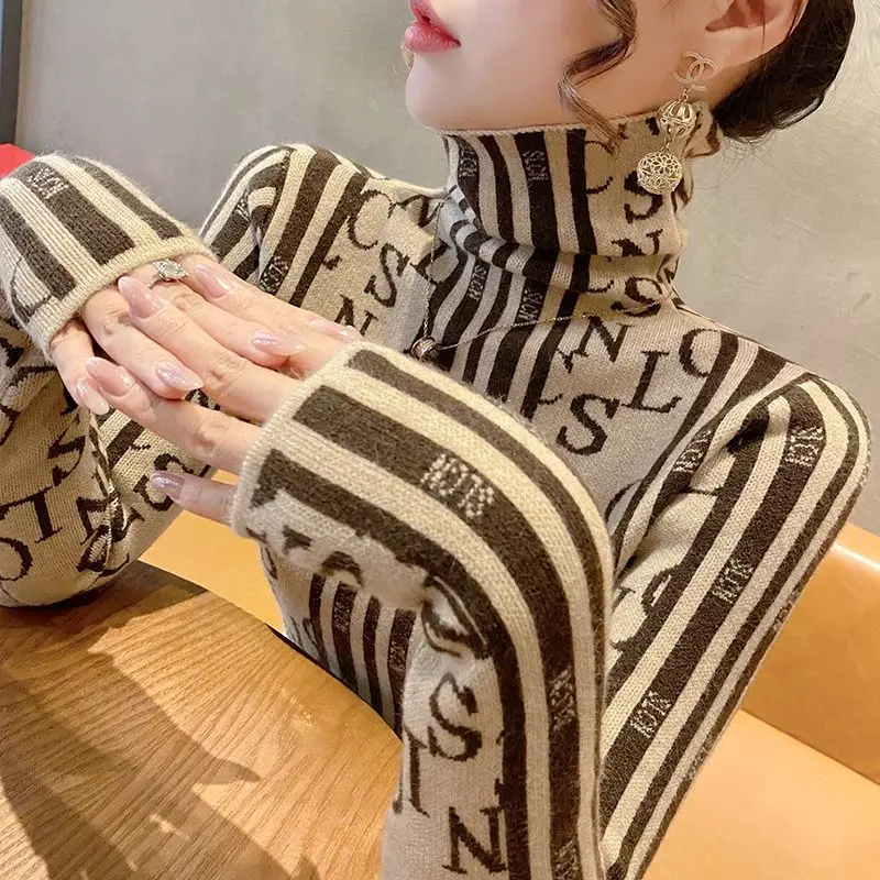 Women\'s Turtleneck Sweater Winter Fashion Commute Striped Letter Printed Long Sleeved Slim Thick Pullover Knitted Bottom Tops