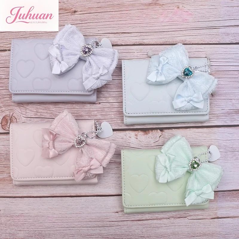 

Handmade Japanese Style Sweet Lace Bow Pearl Love Handbag Pendant Lolita Bag Charms Girl Pu Love Embossed Short Wallet for Women