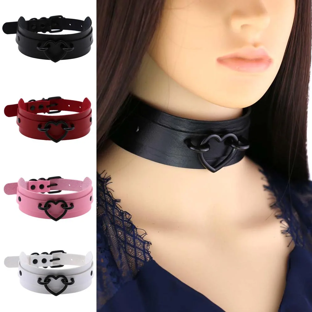 Goth Choker For Women Black Leather Heart Collar Chokers Aesthetic Grunge Necklace Chocker Halloween Party Jewelry