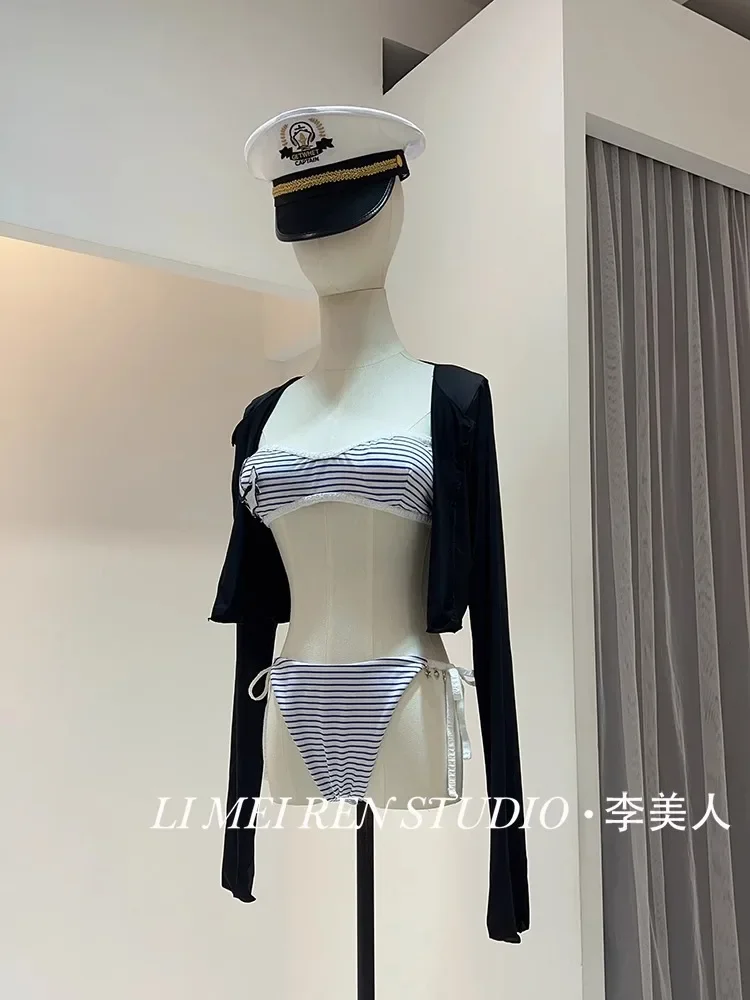 New Hot girl navy style blue striped bikini swimsuit women's three piece set beach vacation