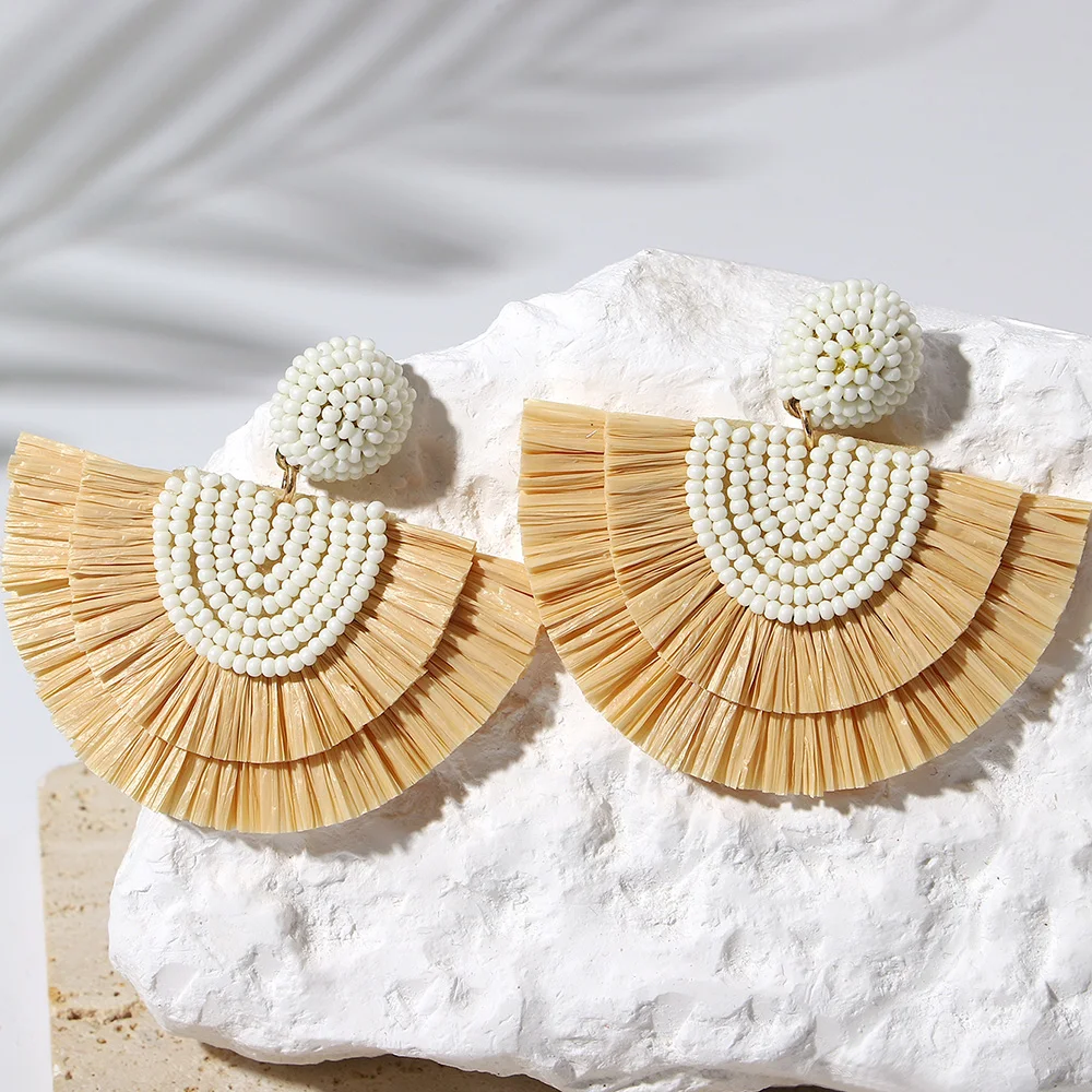 AENSOA Handmade Seed Beaded Raffia Fan Drop Earrings for Women Bohemian Rattan Knit Large Earrings Summer Holiday Jewelry Gifts