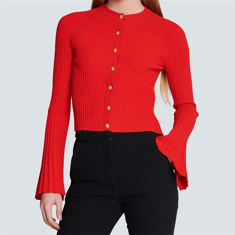 Cardigan for women 2024 Summer New Metal Button Sweaters for women Elastic knitted slim flared sleeve long sleeved top Knitwear