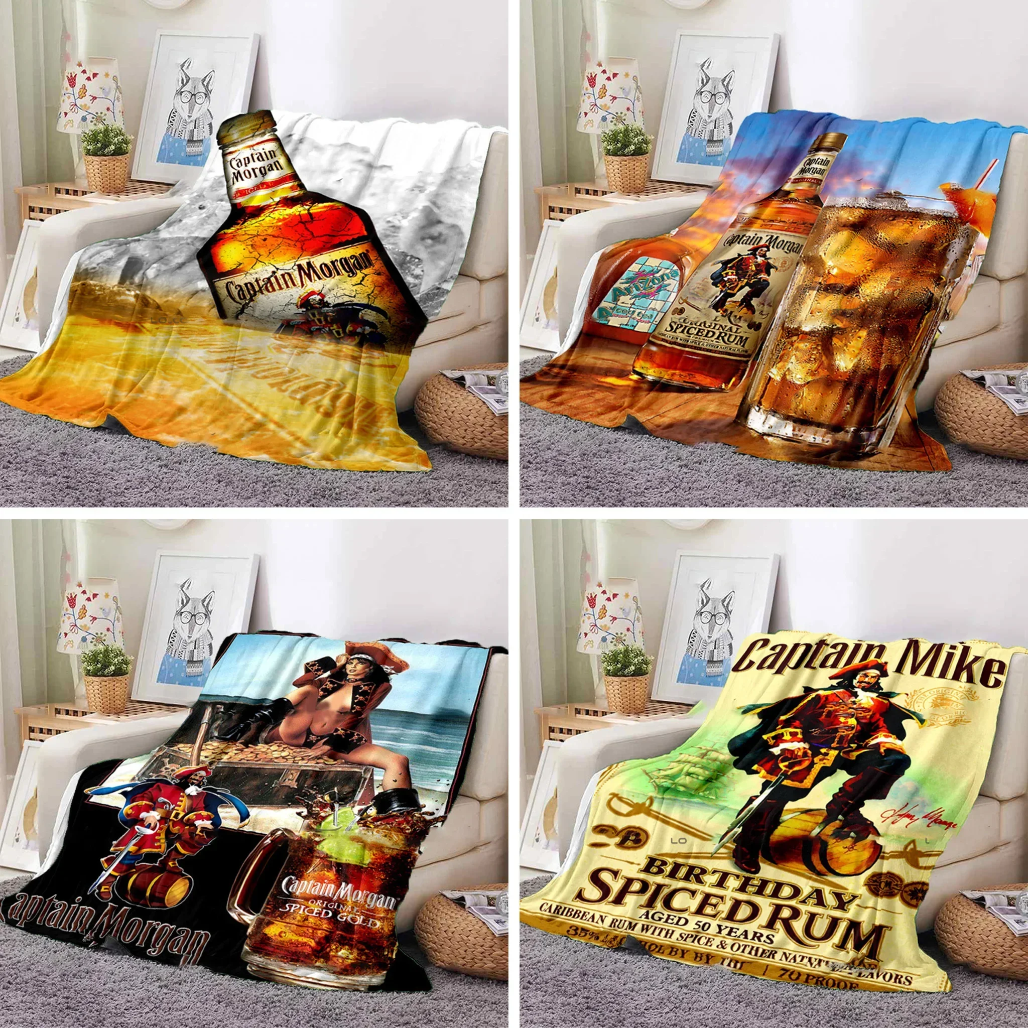 Classic Rum Pattern Decorative Blanket Captain Morgan Flannel Thin Blanket Portable Home Travel Office Blanket