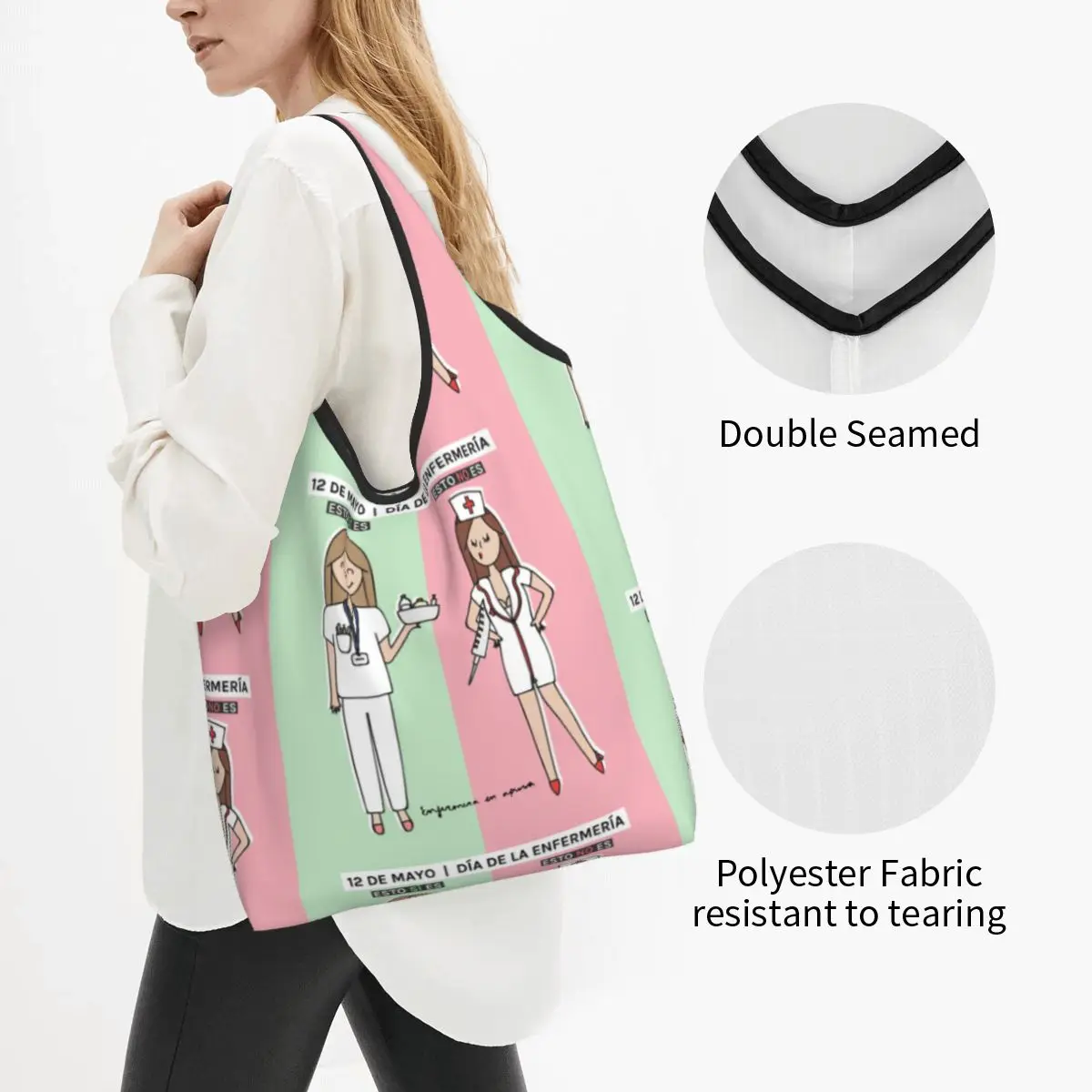 Fashion Printed Enfermera En Apuros Cartoon Doctor Nurse Tote Shopping Bags Portable Shopper Shoulder Handbag