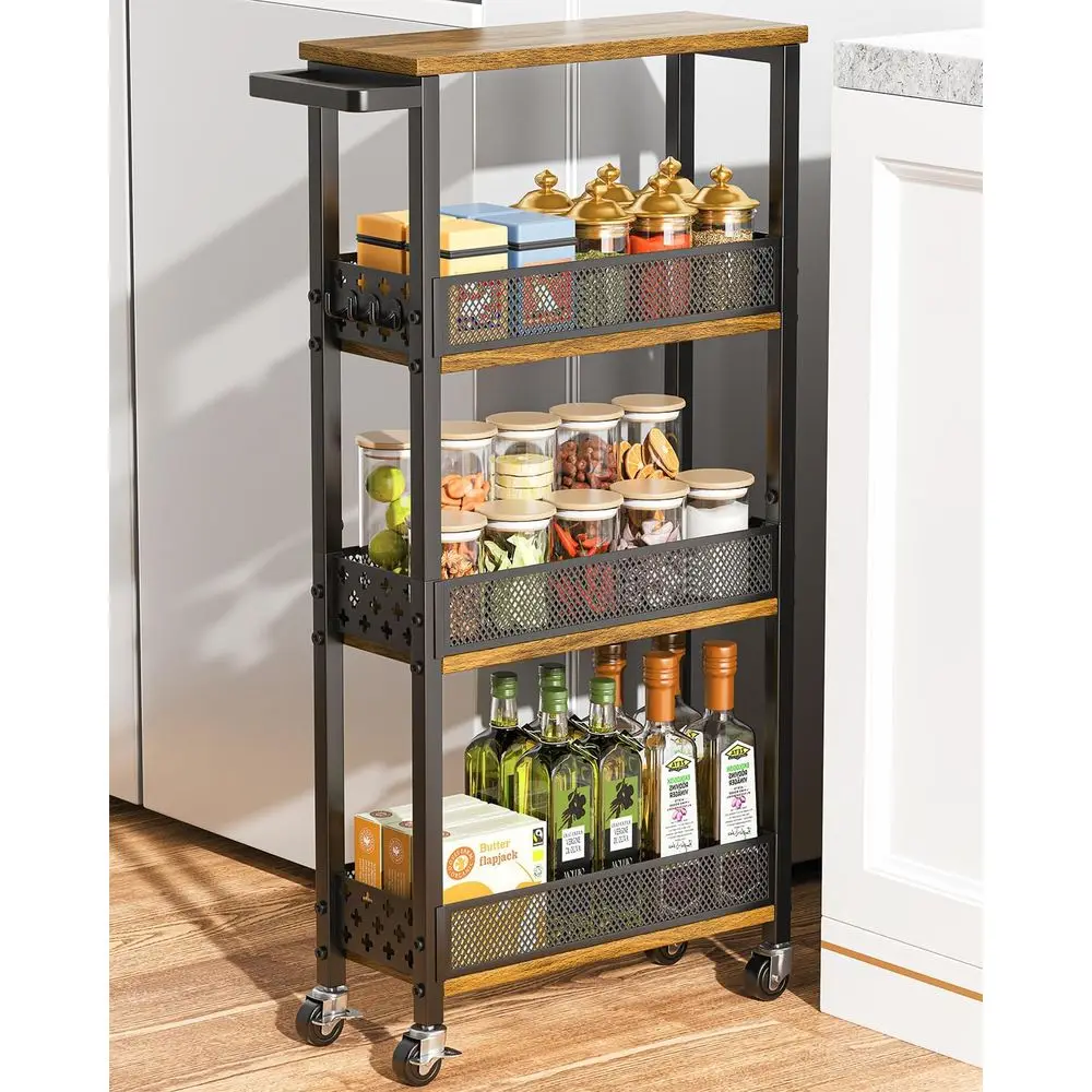 

Mobile 4-Tier Slim Storage Cart for Kitchen and Bathroom, Wood Rack Utility on Wheels for Small Spaces